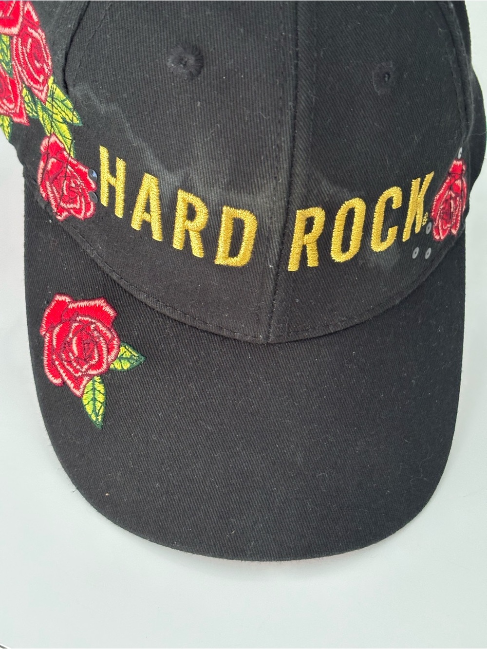 Hard Rock Cafe Black Cap with Red Rose Embroidery and Yellow Logo